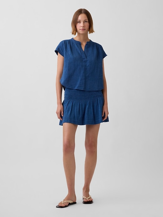 Image number 1 showing, Cotton Gauze Denim Smocked Waist Mini Skort