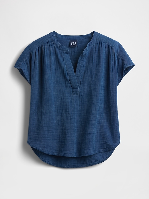 Image number 5 showing, Cotton Gauze Denim Oversized Split-Neck Top