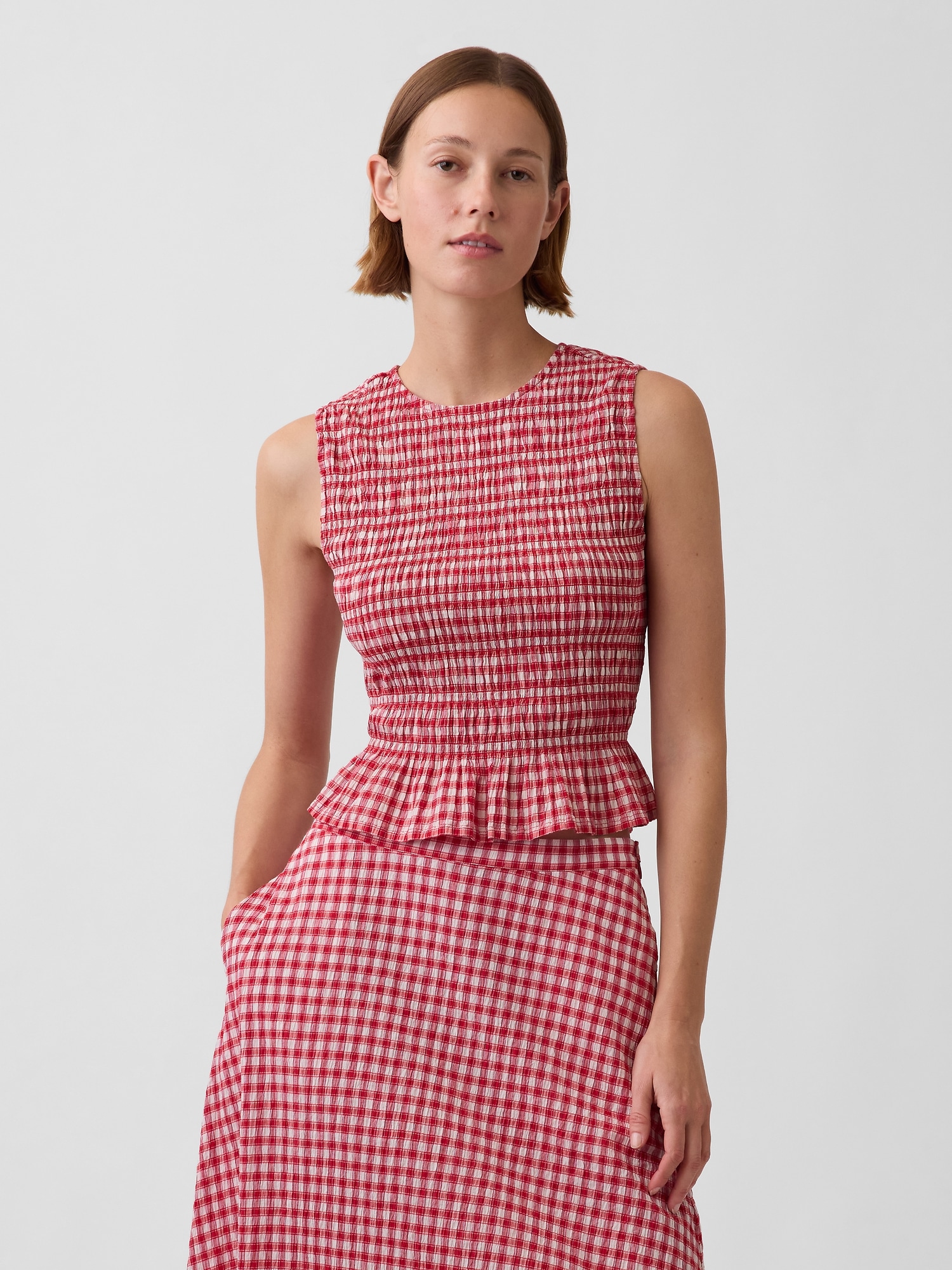 Smocked Gingham Crop Peplum Top
