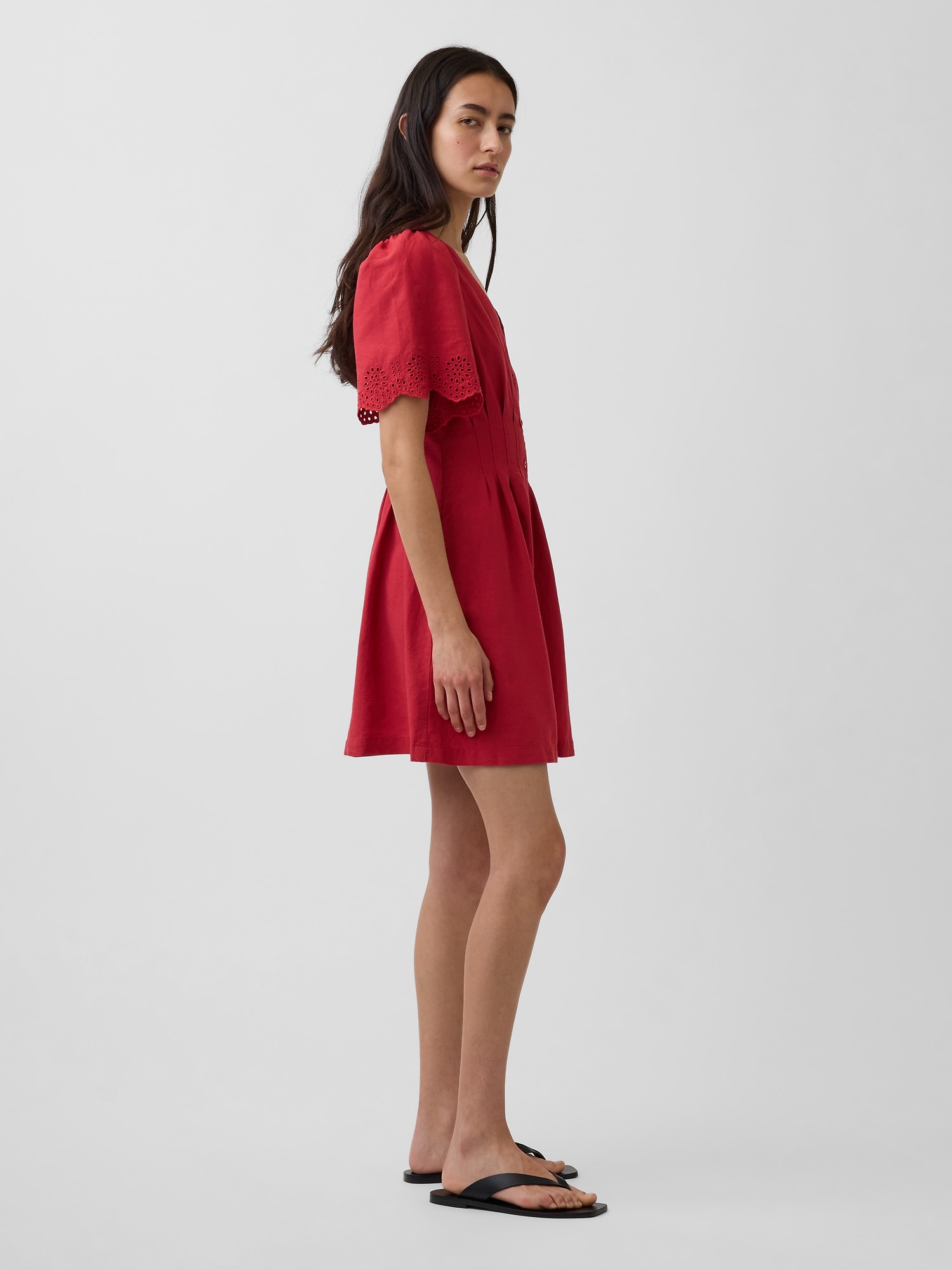 Женское мини-платье-рубашка Gap из льняной смеси с затяжкой, цвет: Красный — фото 3