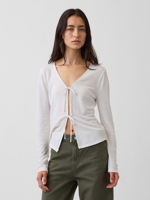 Linen-Blend Tie-Front Cardigan