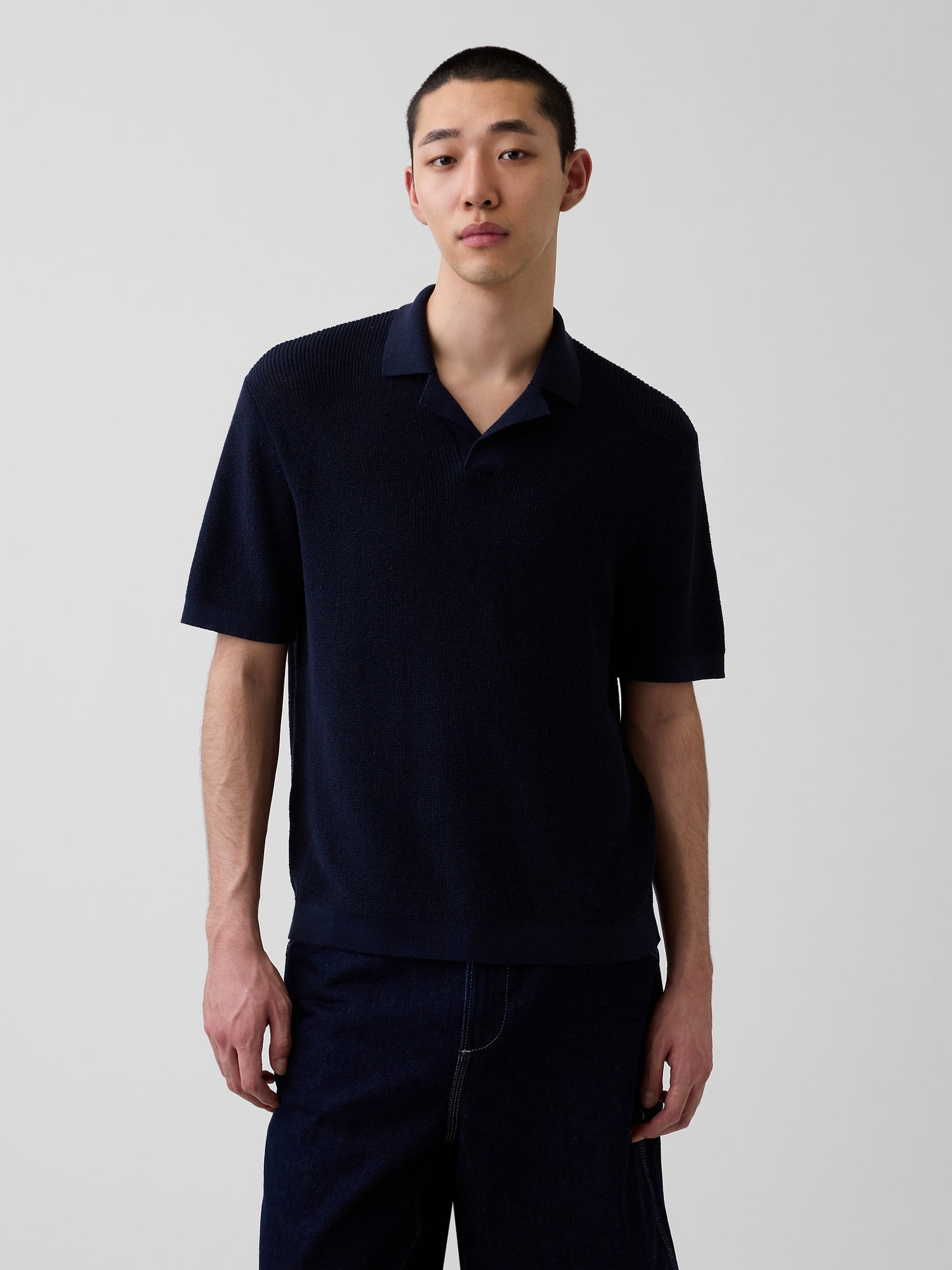 Linen-Blend Camp Polo Shirt Sweater Shirt