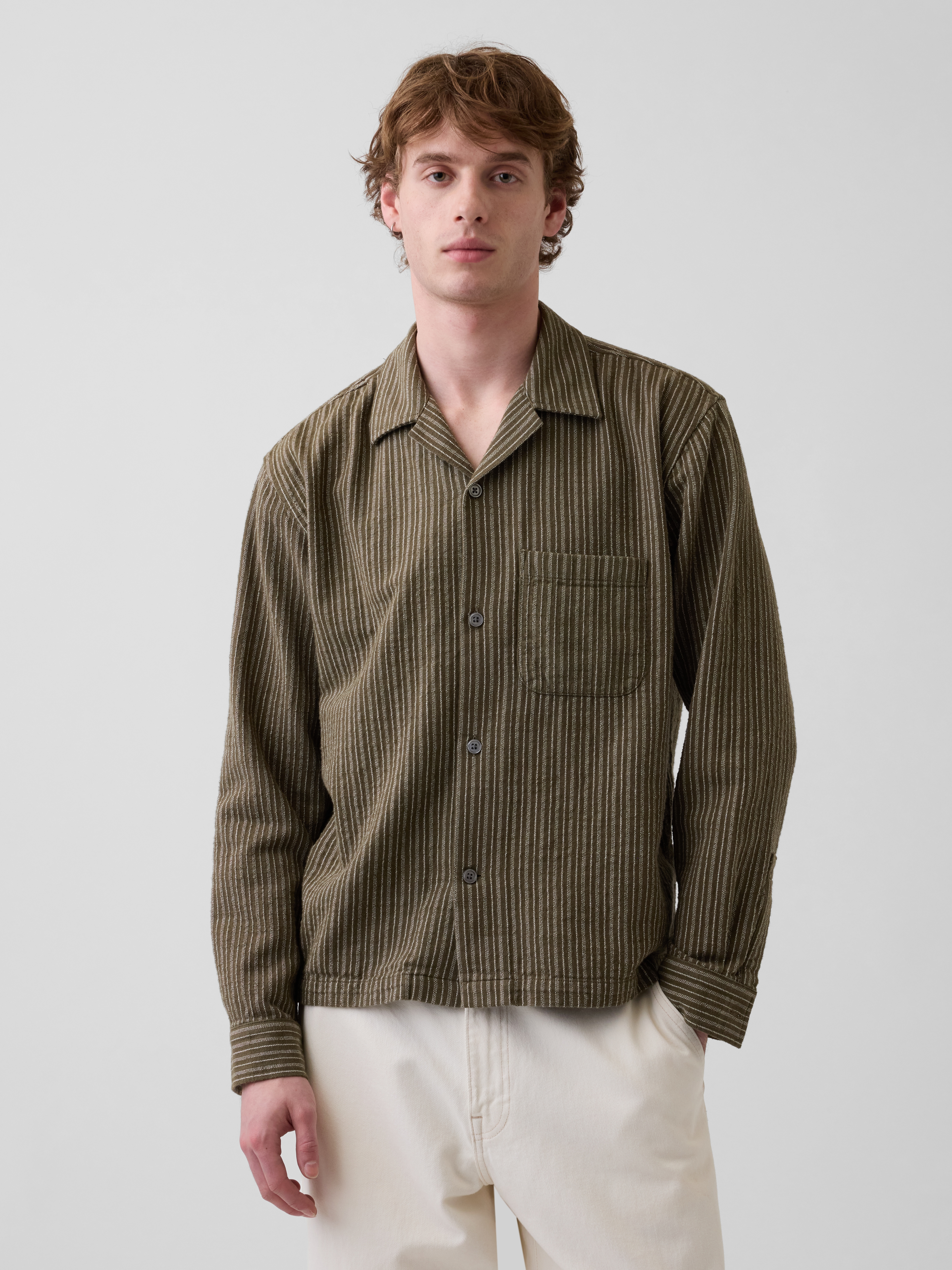 Dobby Stripe Relaxed Straight-Hem Shirt