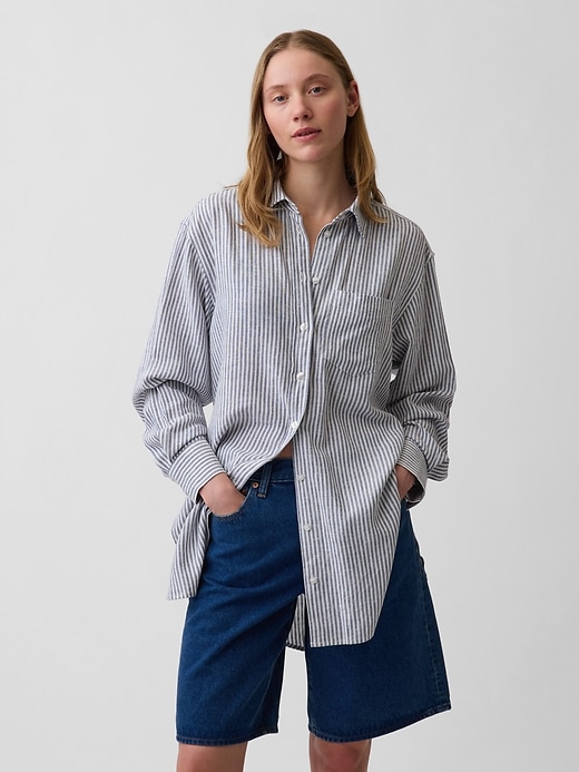 Image number 1 showing, Linen-Blend Oversized Tunic Shirt