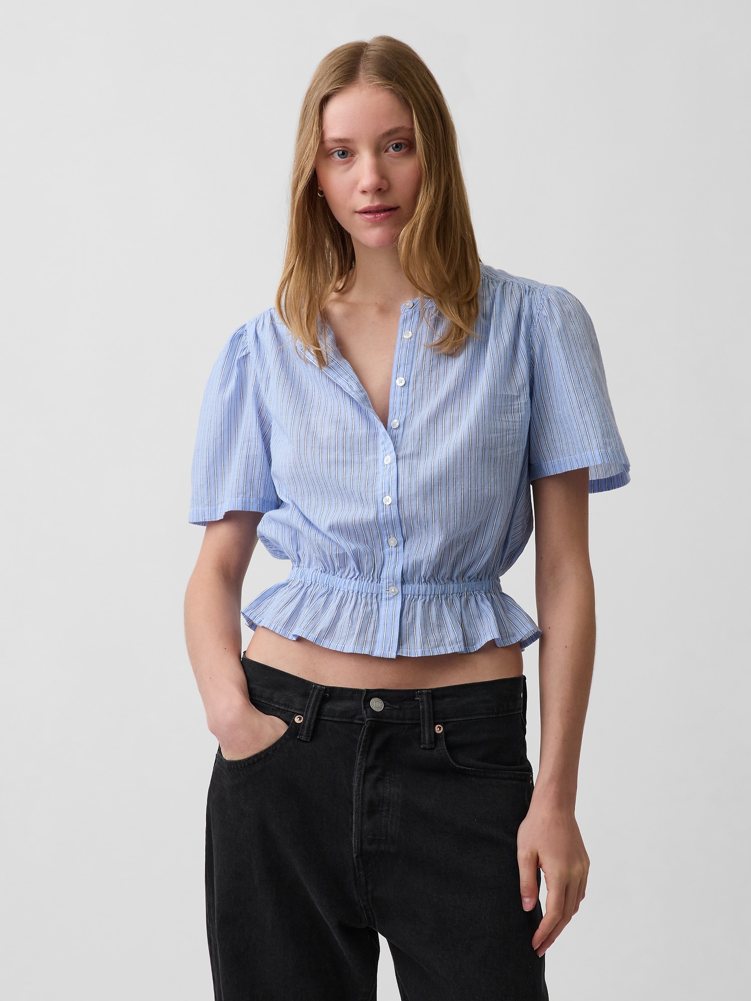 Button-Front Crop Peplum Top