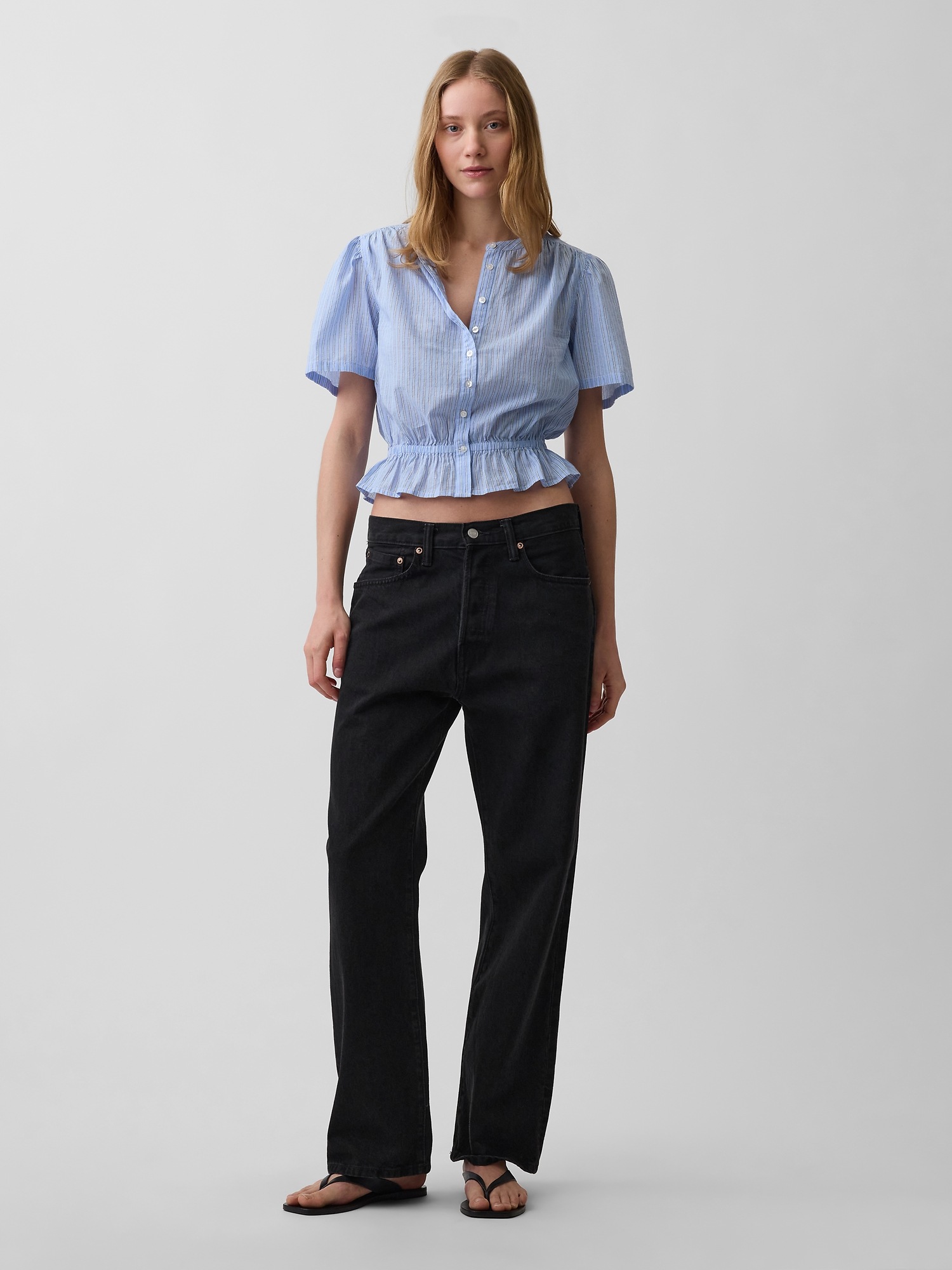 Женский топ Gap Button-Front Crop Peplum Top, цвет: Синий / Белый — фото 2