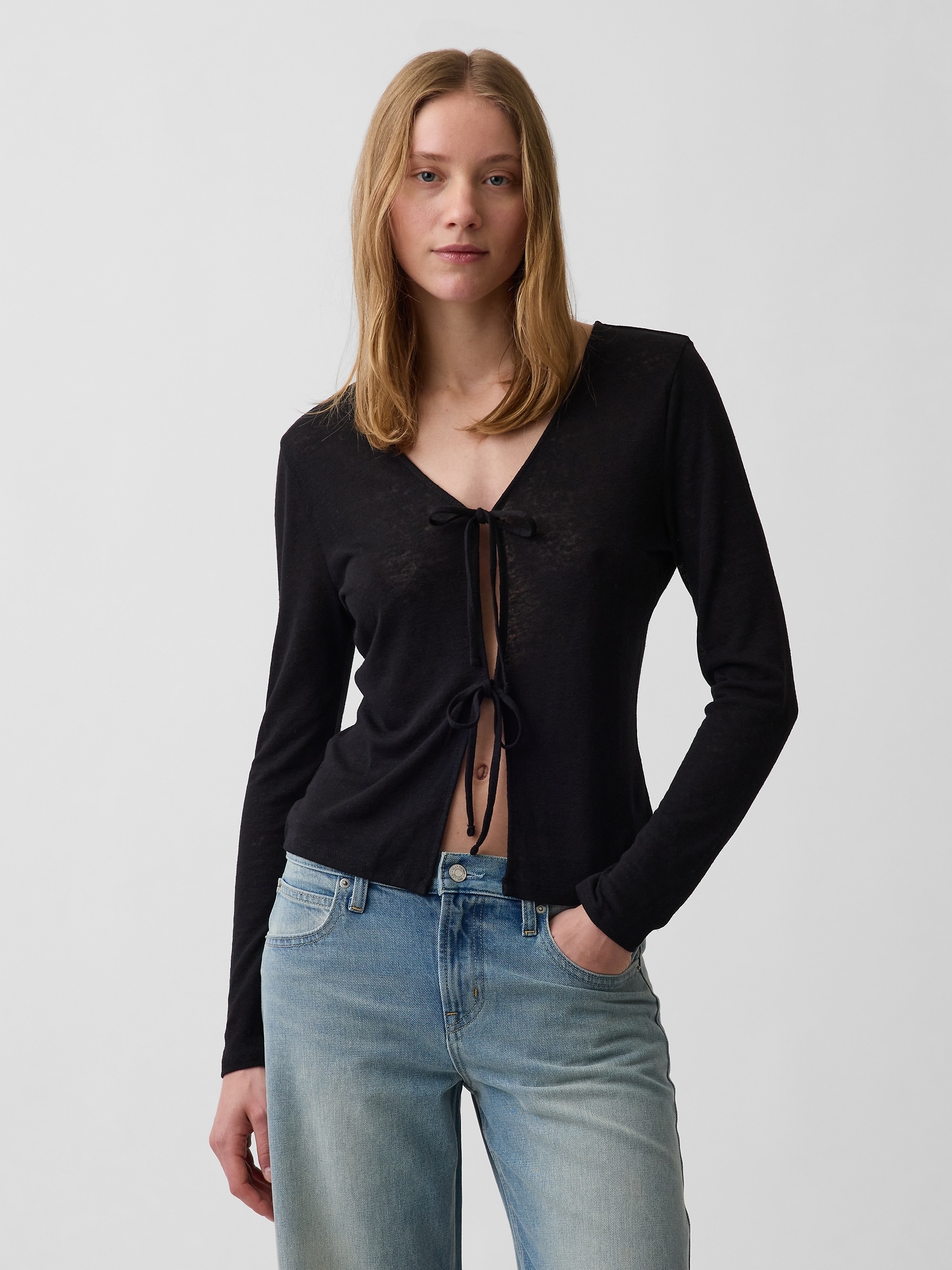 Linen-Blend Tie-Front Cardigan
