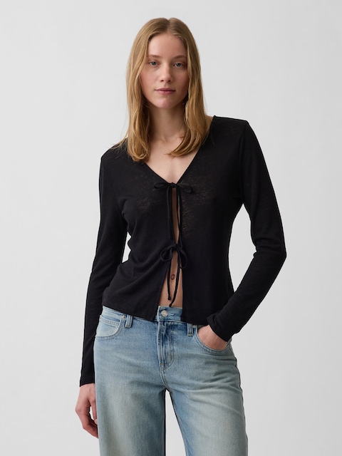 Linen-Blend Tie-Front Cardigan