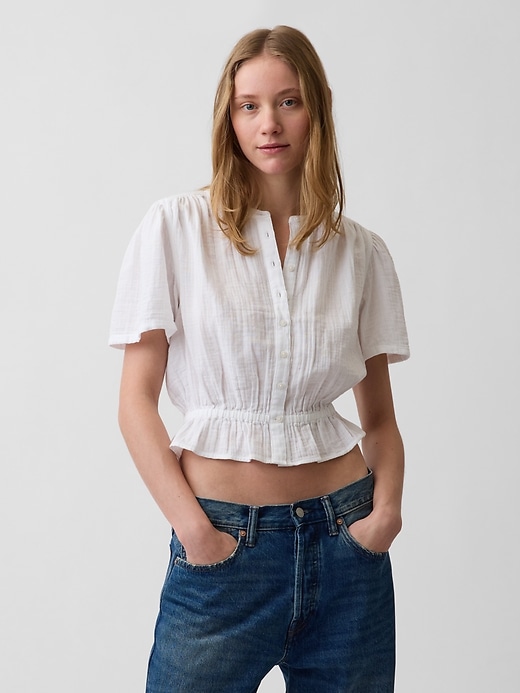 Image number 1 showing, Cotton Gauze Button-Front Crop Peplum Top