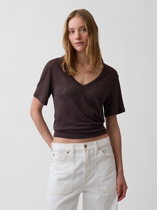 Image number 1 showing, Linen-Blend Relaxed V-Neck T-Shirt