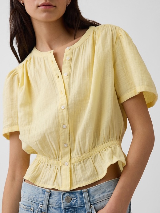 Image number 4 showing, Cotton Gauze Button-Front Crop Peplum Top