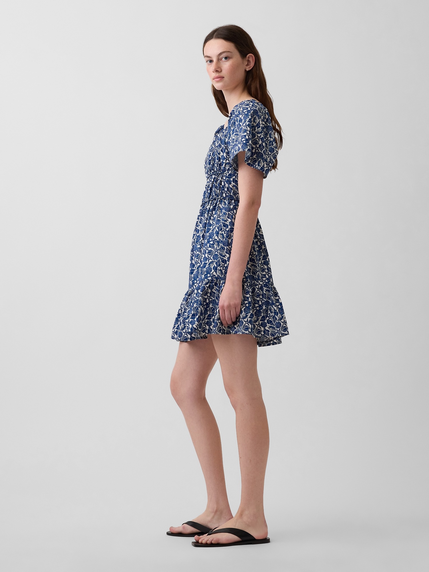 Женское платье Gap Poplin Flutter-Sleeve Mini, цвет: Синий с принтом — фото 3