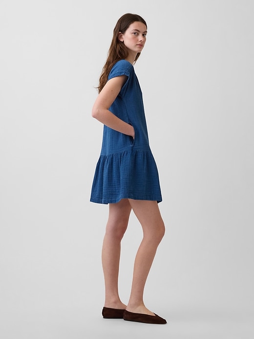 Image number 3 showing, Cotton Gauze Denim Drop-Waist Mini Shirtdress