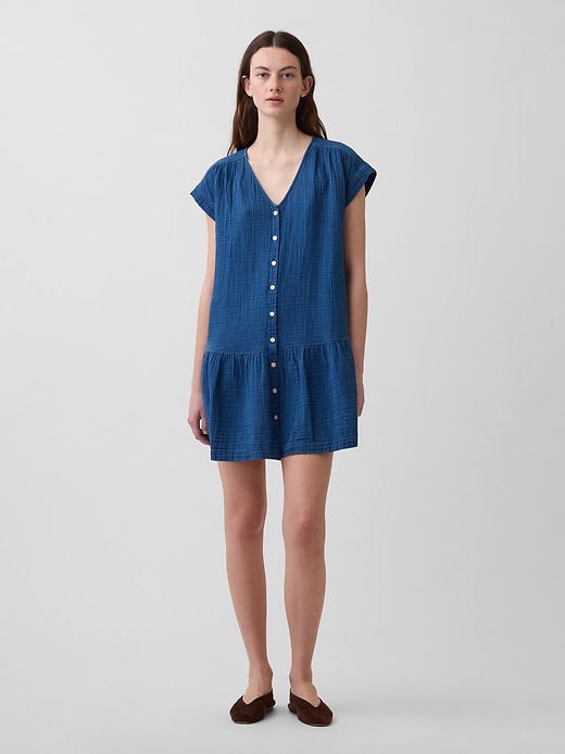 Image number 1 showing, Cotton Gauze Denim Drop-Waist Mini Shirtdress