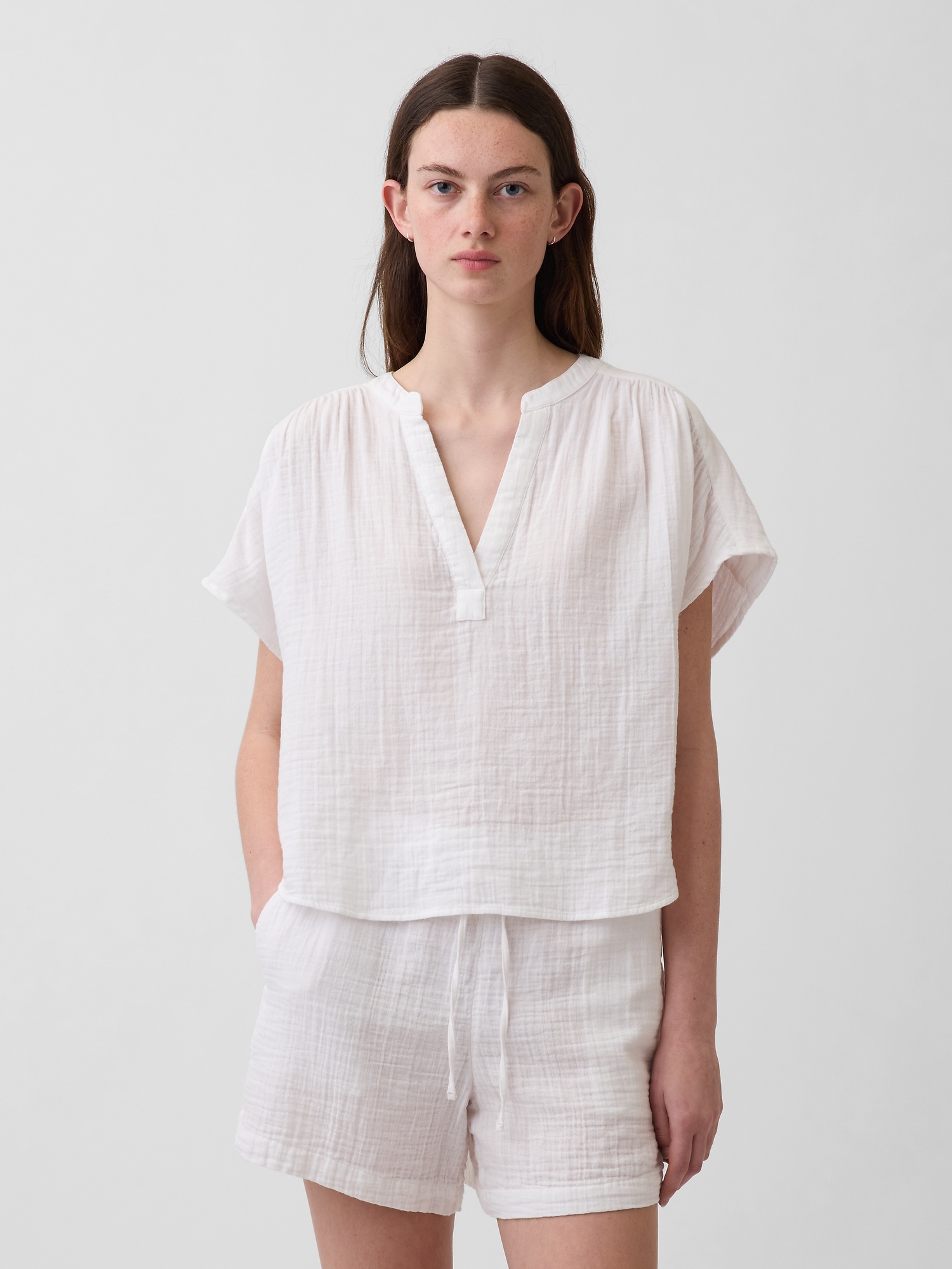 Cotton Gauze Oversized Split-Neck Top