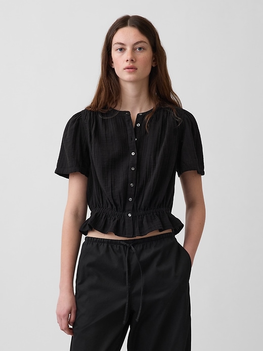 Image number 1 showing, Cotton Gauze Button-Front Crop Peplum Top