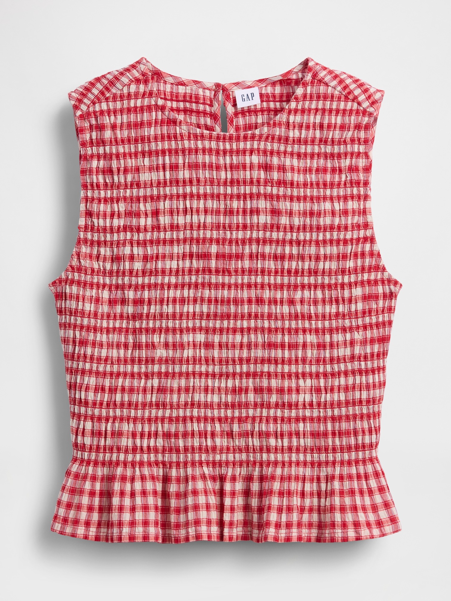 Женский топ Gap Smocked Gingham Crop Peplum Top, цвет: Красный в мелкую клетку — фото 5