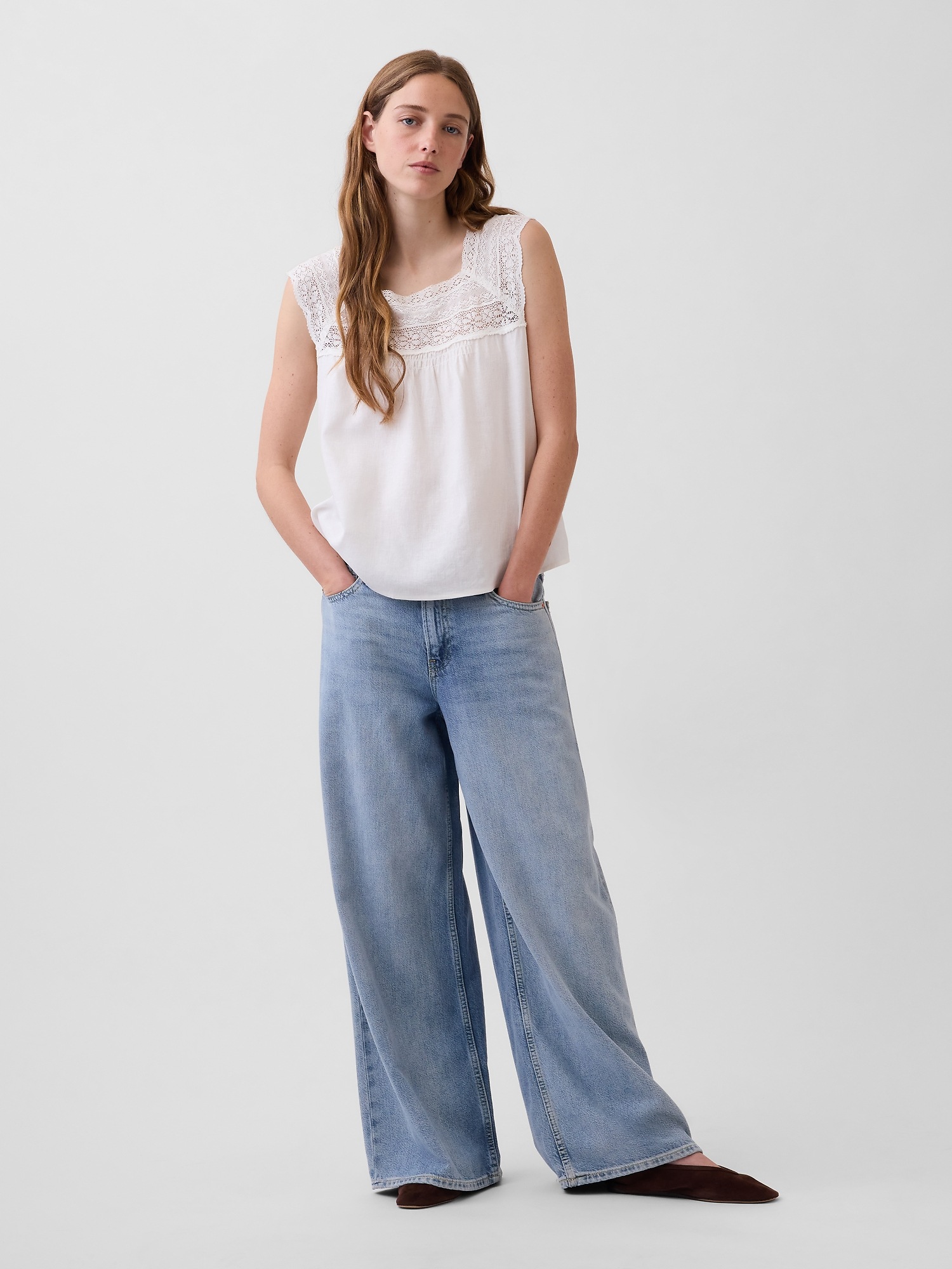 Женский топ Gap Linen-Blend Crochet Square-Neck Top, цвет: Молочный белый — фото 2
