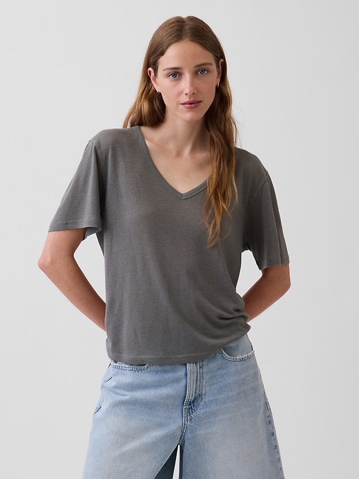 Image number 1 showing, Linen-Blend Relaxed V-Neck T-Shirt