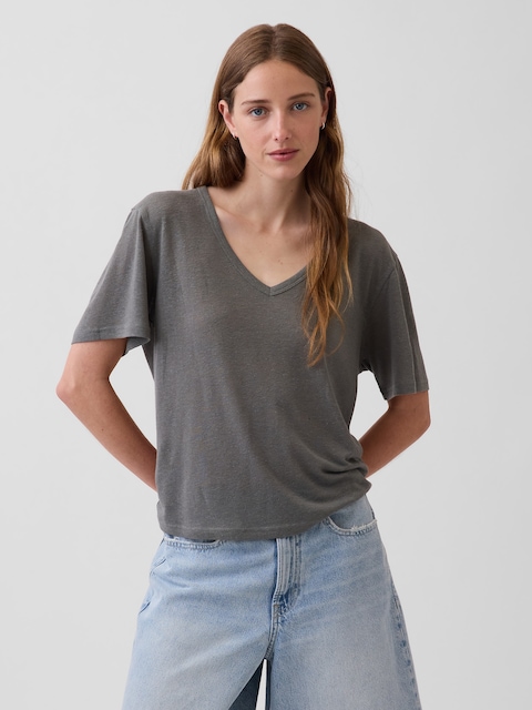 Linen-Blend Relaxed V-Neck T-Shirt