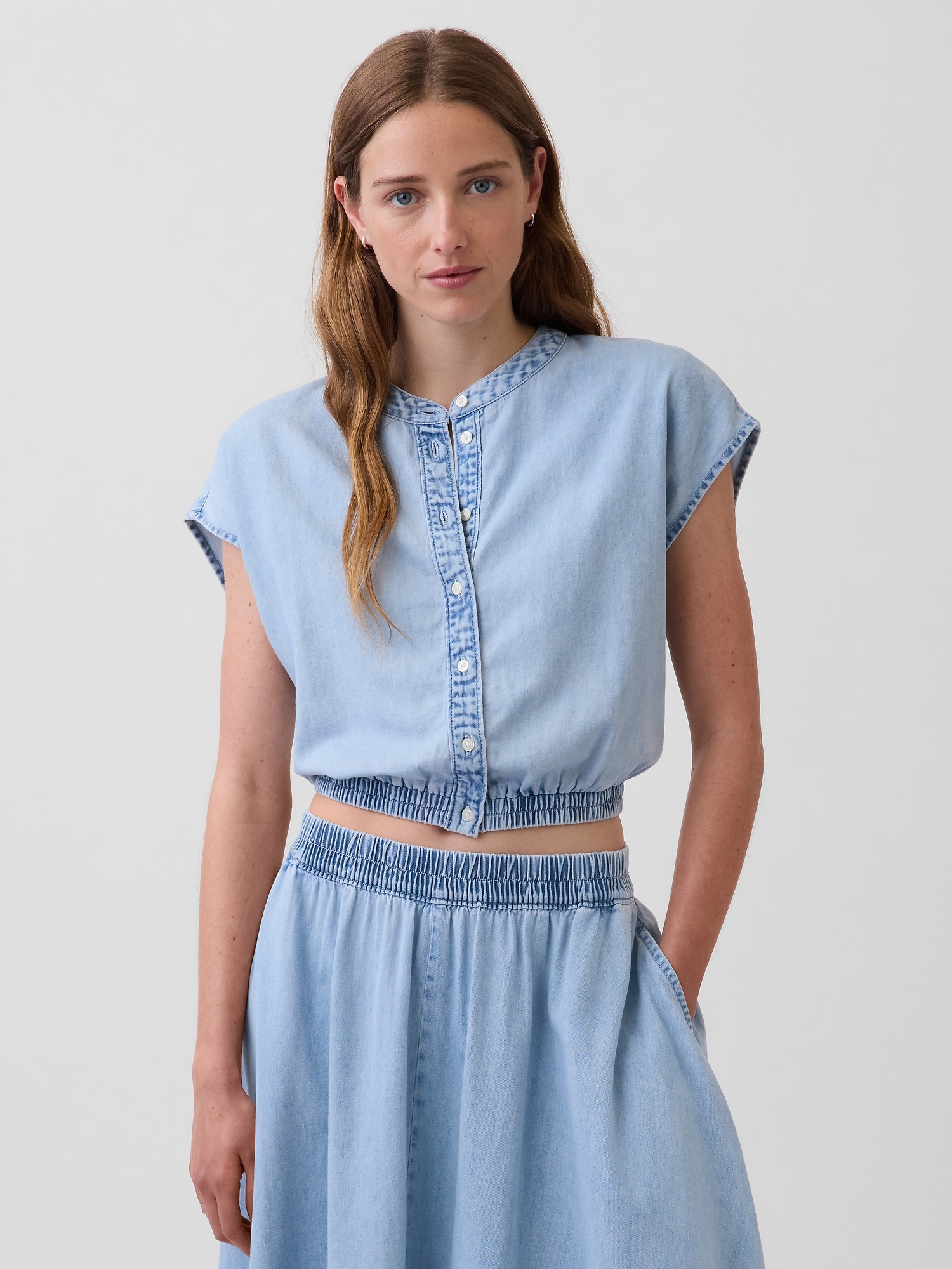 Denim Cap-Sleeve Crop Button-Front Top