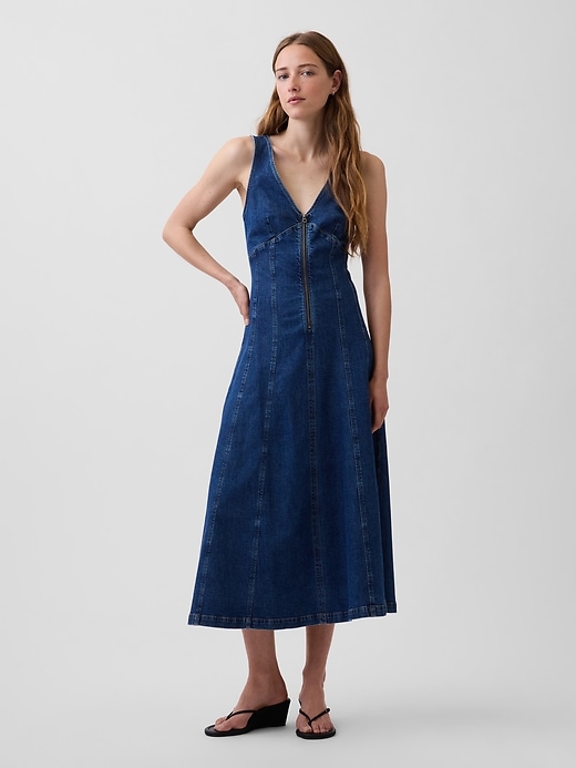 Image number 1 showing, Denim Seamed Zip-Front Midi Dress