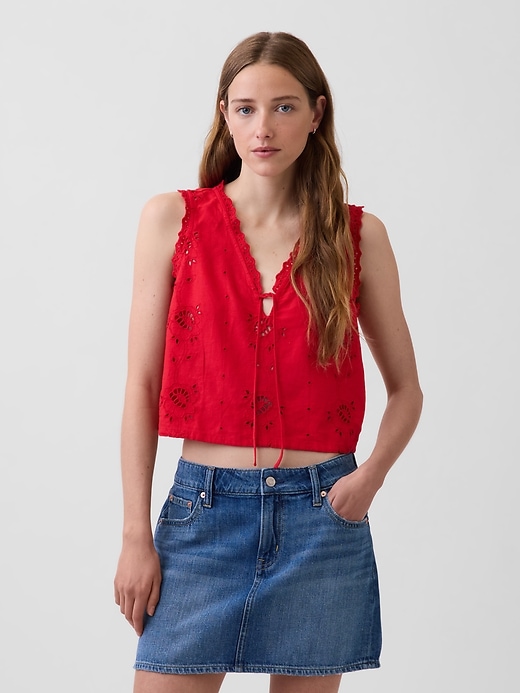 Image number 1 showing, Linen-Blend Embroidered Crop Shell Tank Top