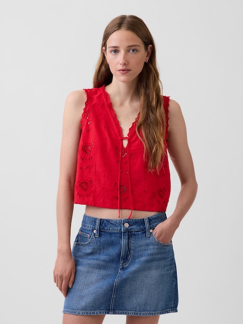 Linen-Blend Embroidered Crop Shell Tank Top