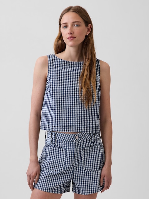 Gingham Denim Crop Shell Tank Top
