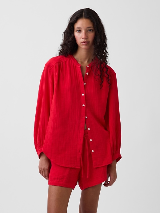Image number 1 showing, Cotton Gauze Oversized Collarless Shirt