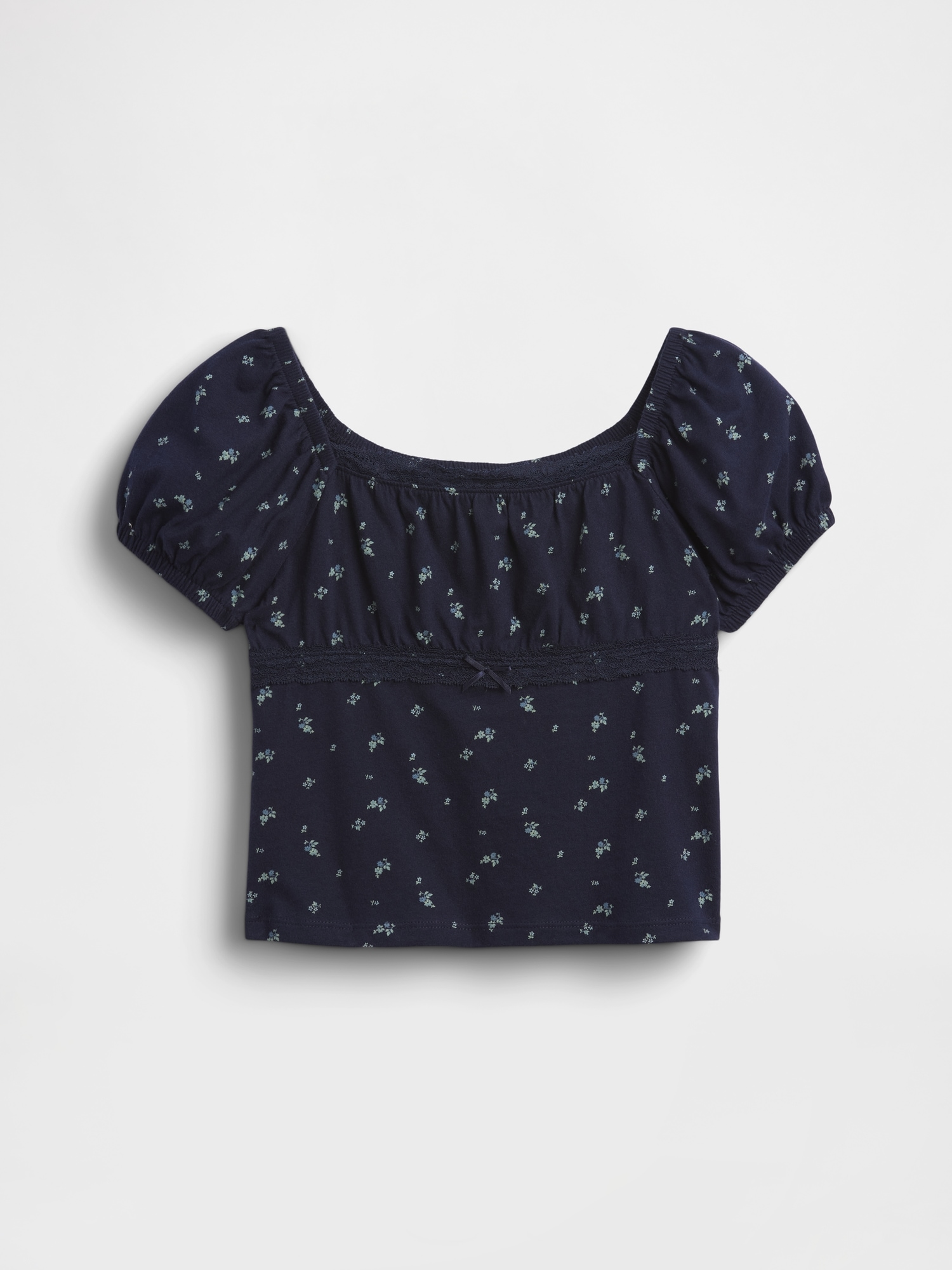 Детский топ Gap Lace-Trim Puff-Sleeve Top, цвет: Тёмно-синий с принтом — фото 2