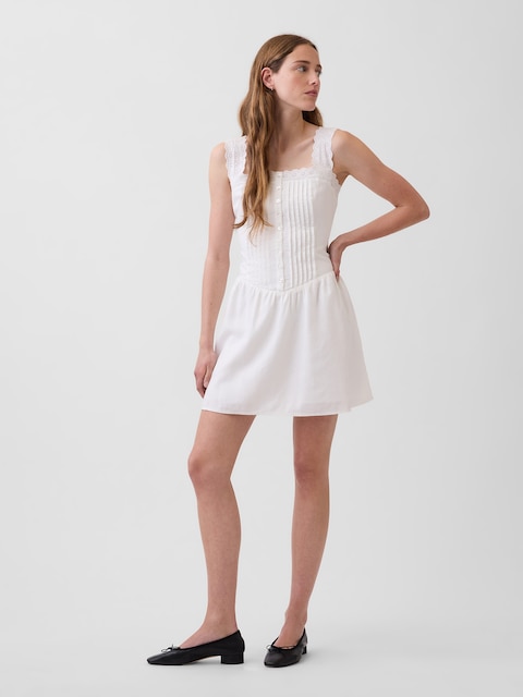 Pintuck Drop-Waist Mini Dress