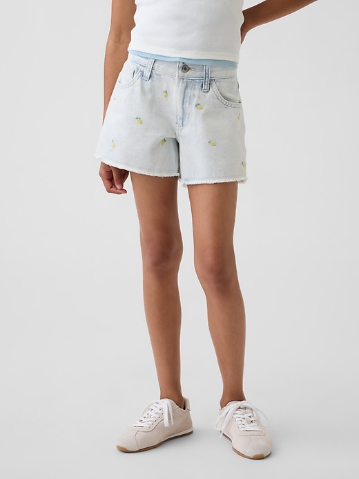 Image number 3 showing, Kids Low Rise Stride Embroidered Lemon Denim Shorts