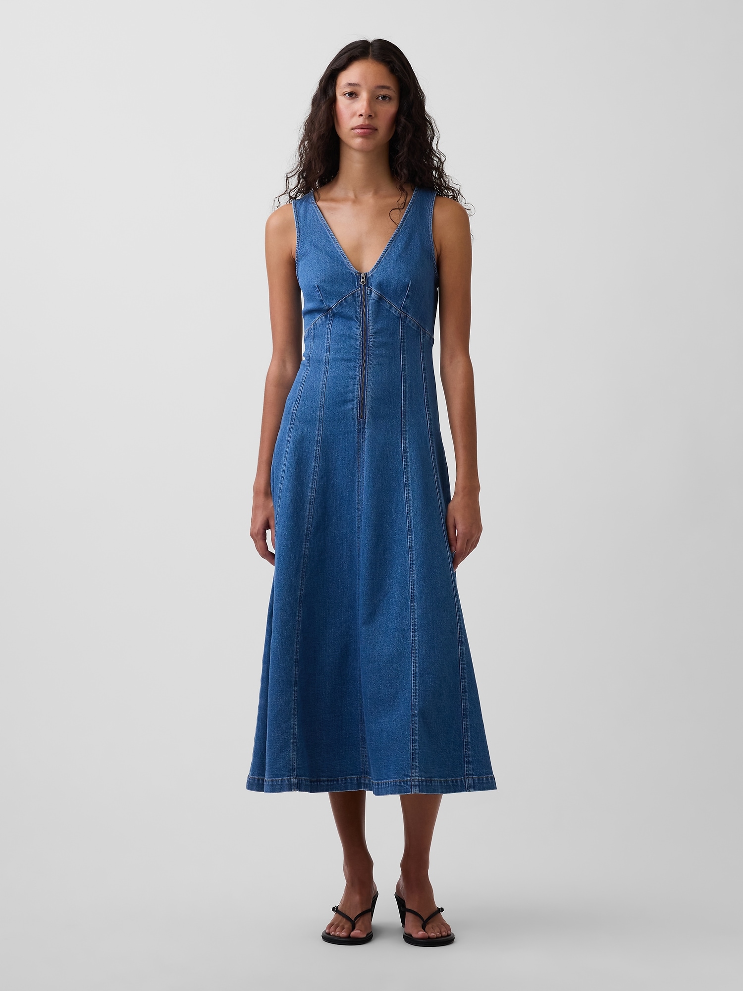 Denim Zip-Front Midi Dress
