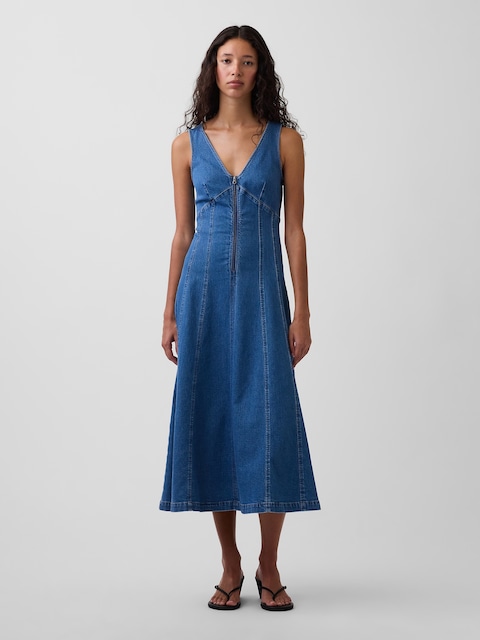 Denim Seamed Zip-Front Midi Dress