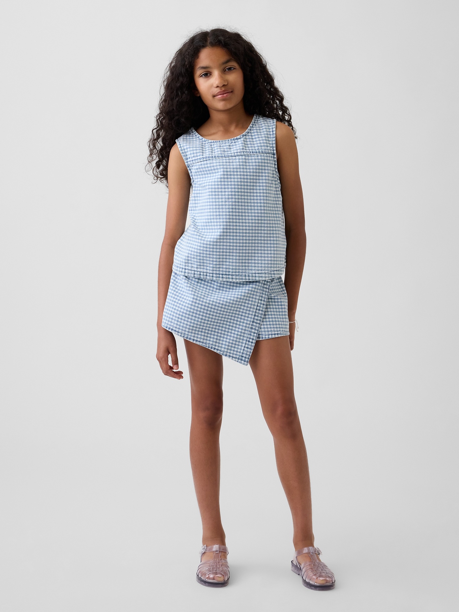 Gap Kids Gingham Denim Wrap-Front Mini Skort