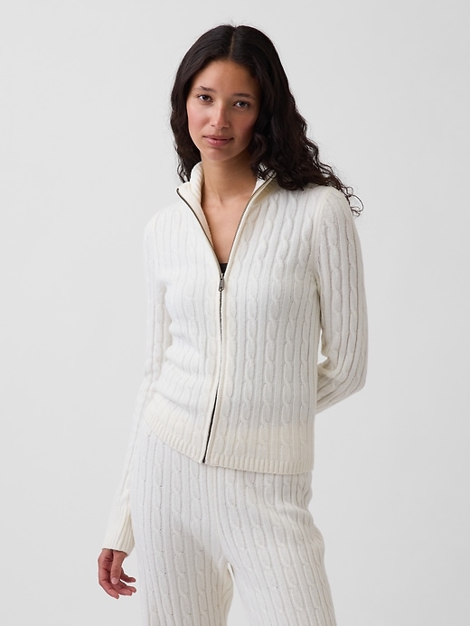 Image number 1 showing, CashSoft Cable-Knit Crop Zip Cardigan