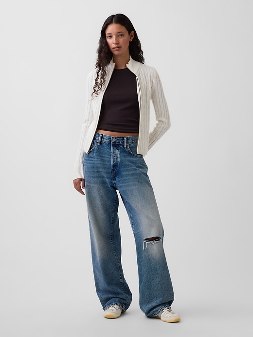 Image number 2 showing, CashSoft Cable-Knit Crop Zip Cardigan