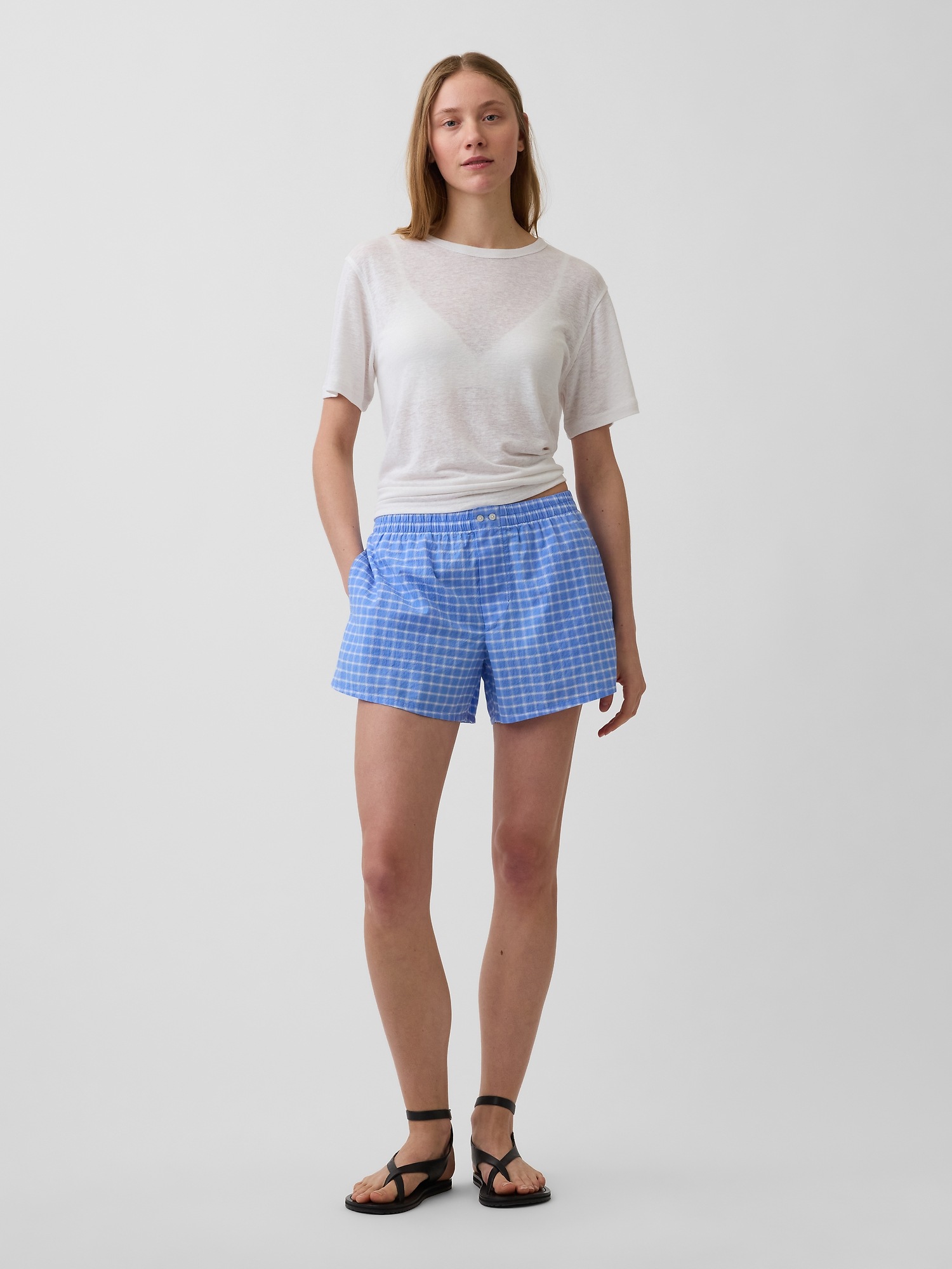 Женские трусы Gap 4" Seersucker Plaid Boxer Shorts, цвет: Синий в мелкую клетку — фото 5