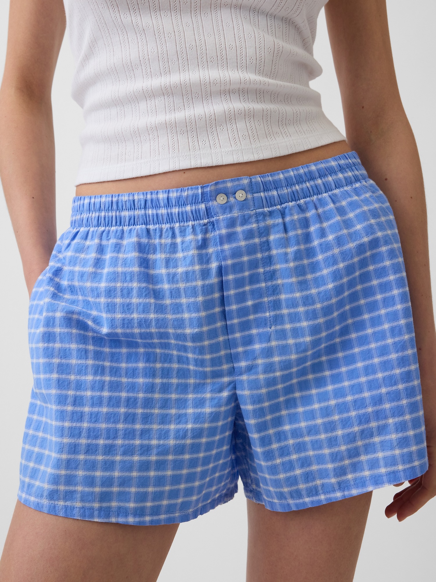 Женские трусы Gap 4" Seersucker Plaid Boxer Shorts, цвет: Синий в мелкую клетку — фото 6