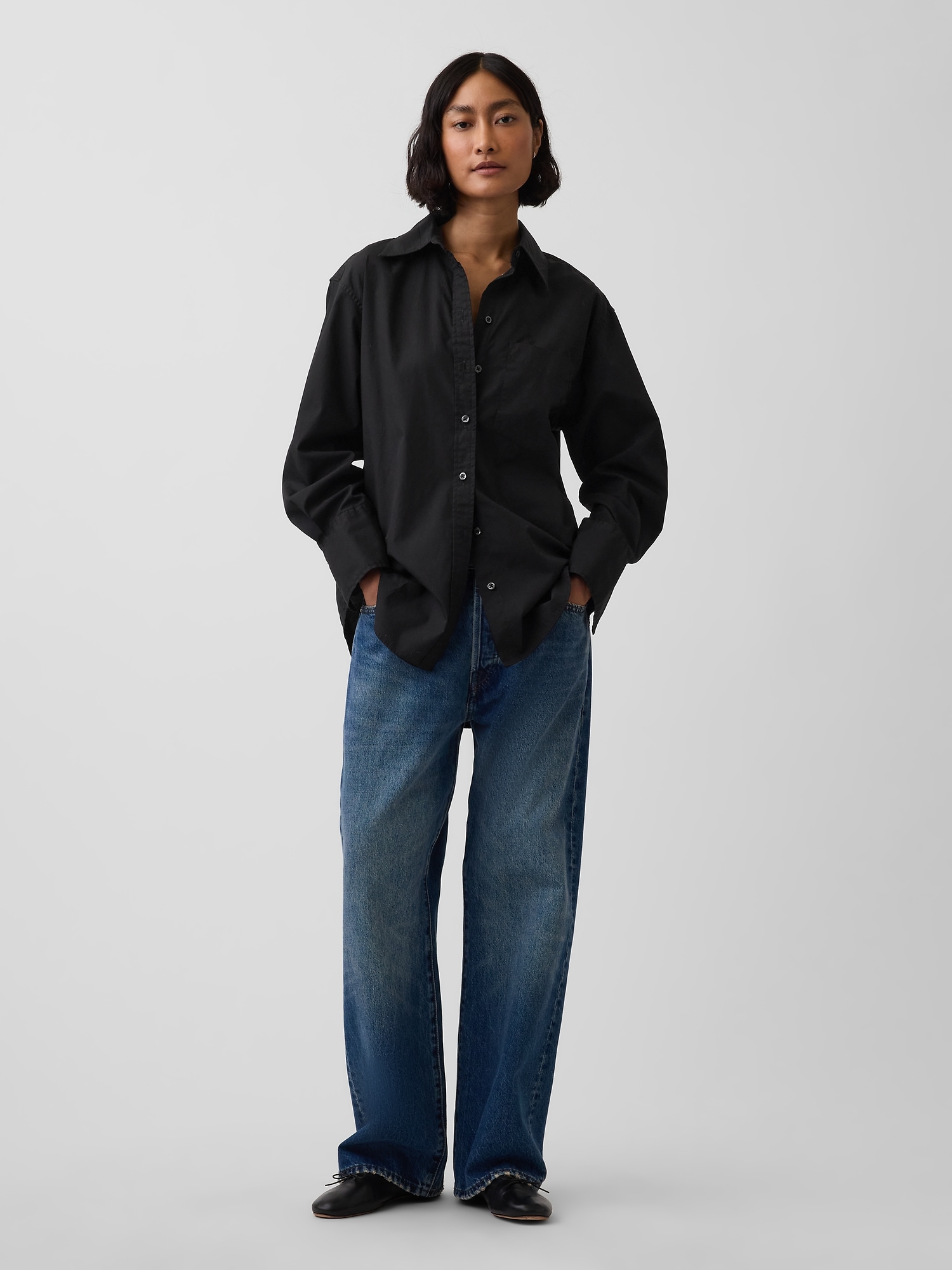 Женская рубашка Gap Organic Cotton Poplin Big, цвет: Чёрный — фото 3