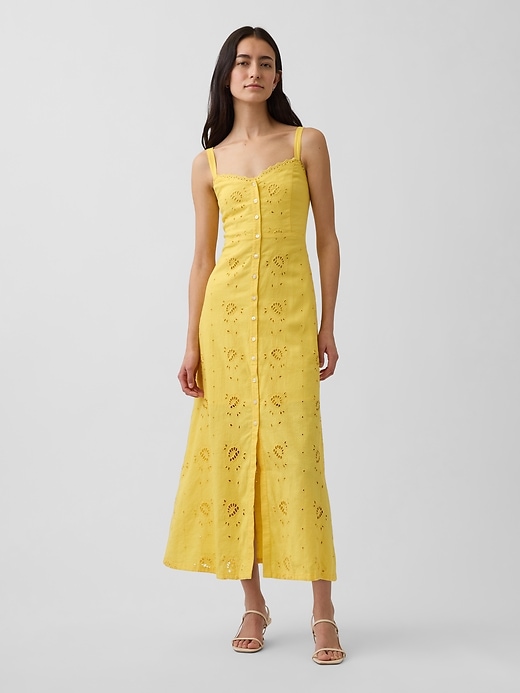 Image number 1 showing, Linen-Blend Embroidered Button-Front Cami Maxi Dress