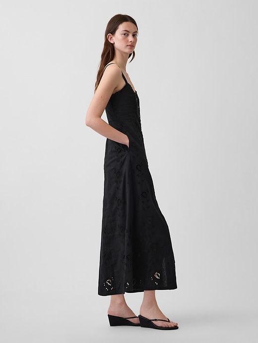 Image number 3 showing, Linen-Blend Embroidered Button-Front Cami Maxi Dress