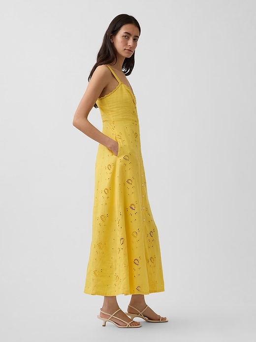 Image number 3 showing, Linen-Blend Embroidered Button-Front Cami Maxi Dress