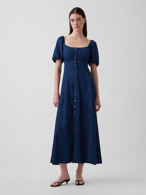 Denim Puff-Sleeve Button-Front Maxi Dress