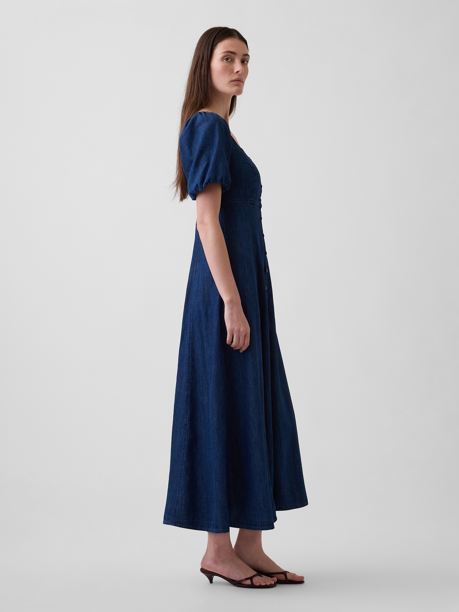 Женское платье Gap Denim Puff-Sleeve Button-Front Maxi, цвет: Тёмная варка — фото 3