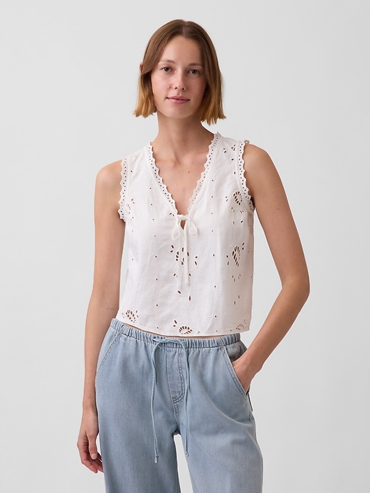 Image number 1 showing, Linen-Blend Embroidered Crop Shell Tank Top