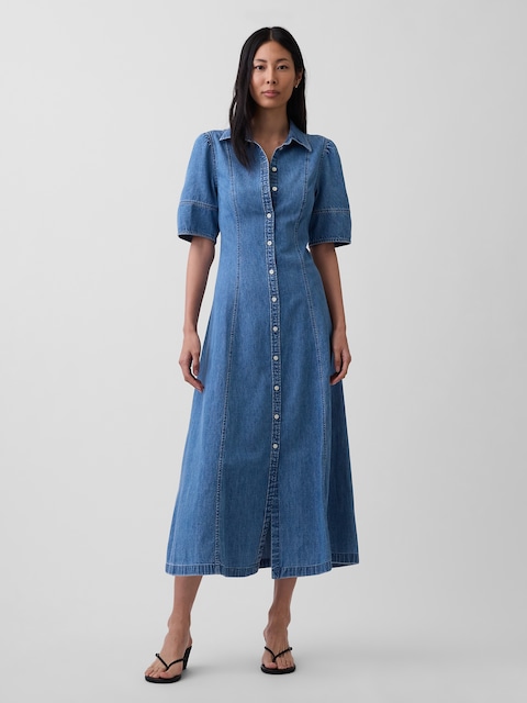 Denim Barrel-Sleeve Midi Shirtdress