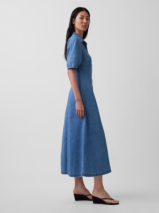 Image number 3 showing, Denim Barrel-Sleeve Midi Shirtdress