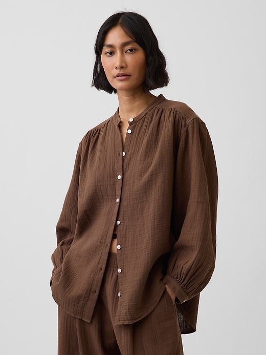 Image number 1 showing, Cotton Gauze Oversized Collarless Shirt